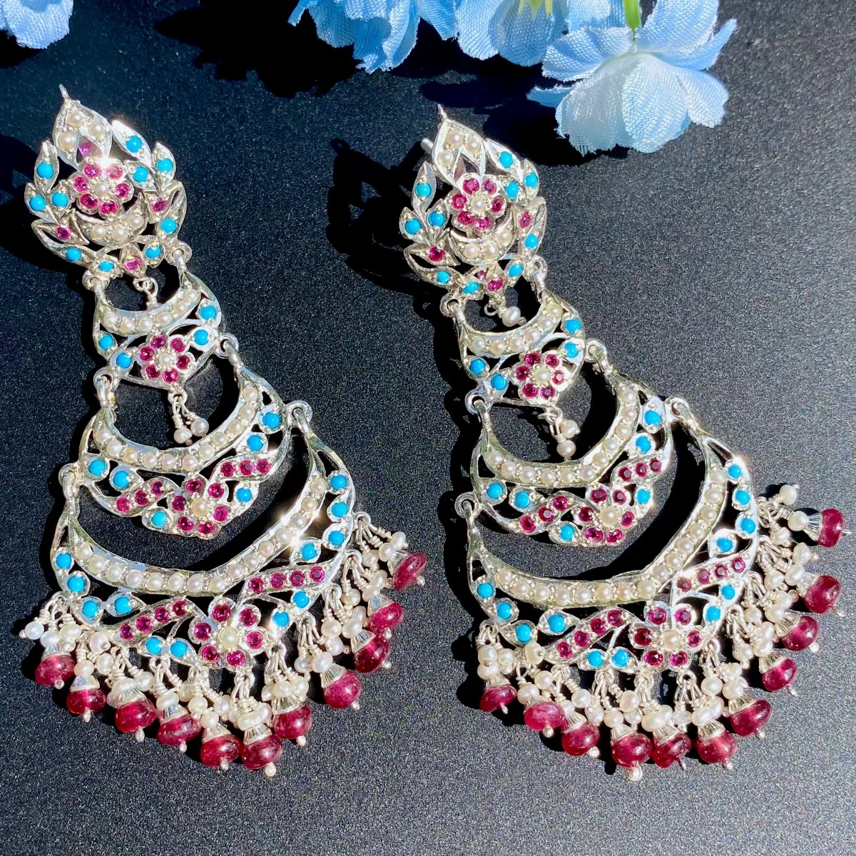 Silver Earrings for Women | Turquoise, Ruby Pearl | Jadau Earrings SER 013 - Image 3