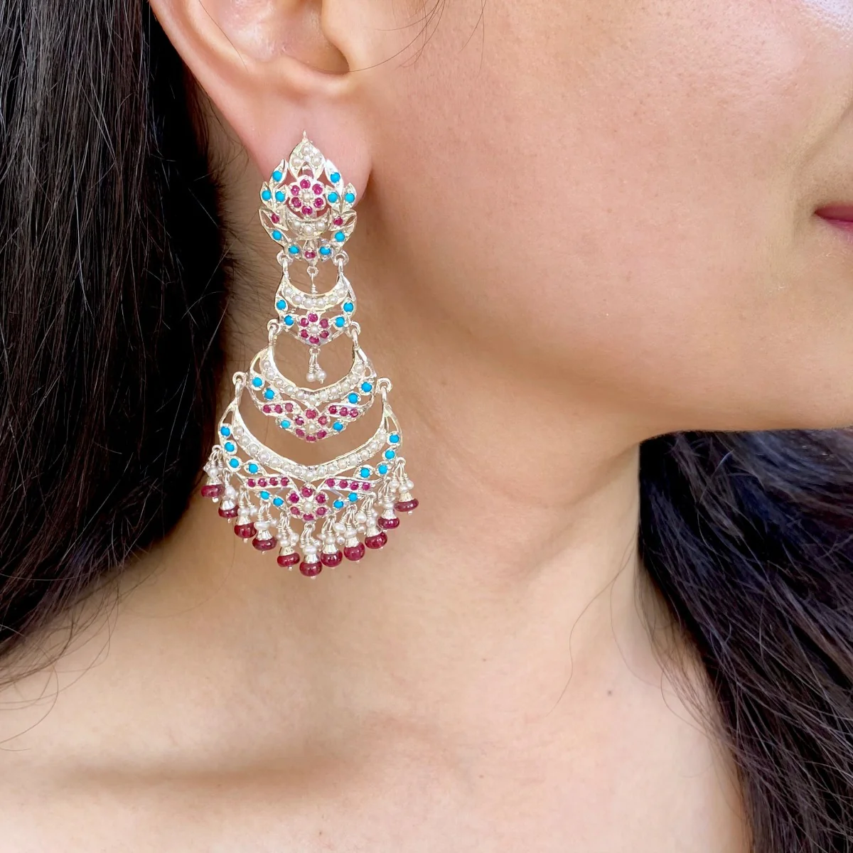 Silver Earrings for Women | Turquoise, Ruby Pearl | Jadau Earrings SER 013 - Image 4