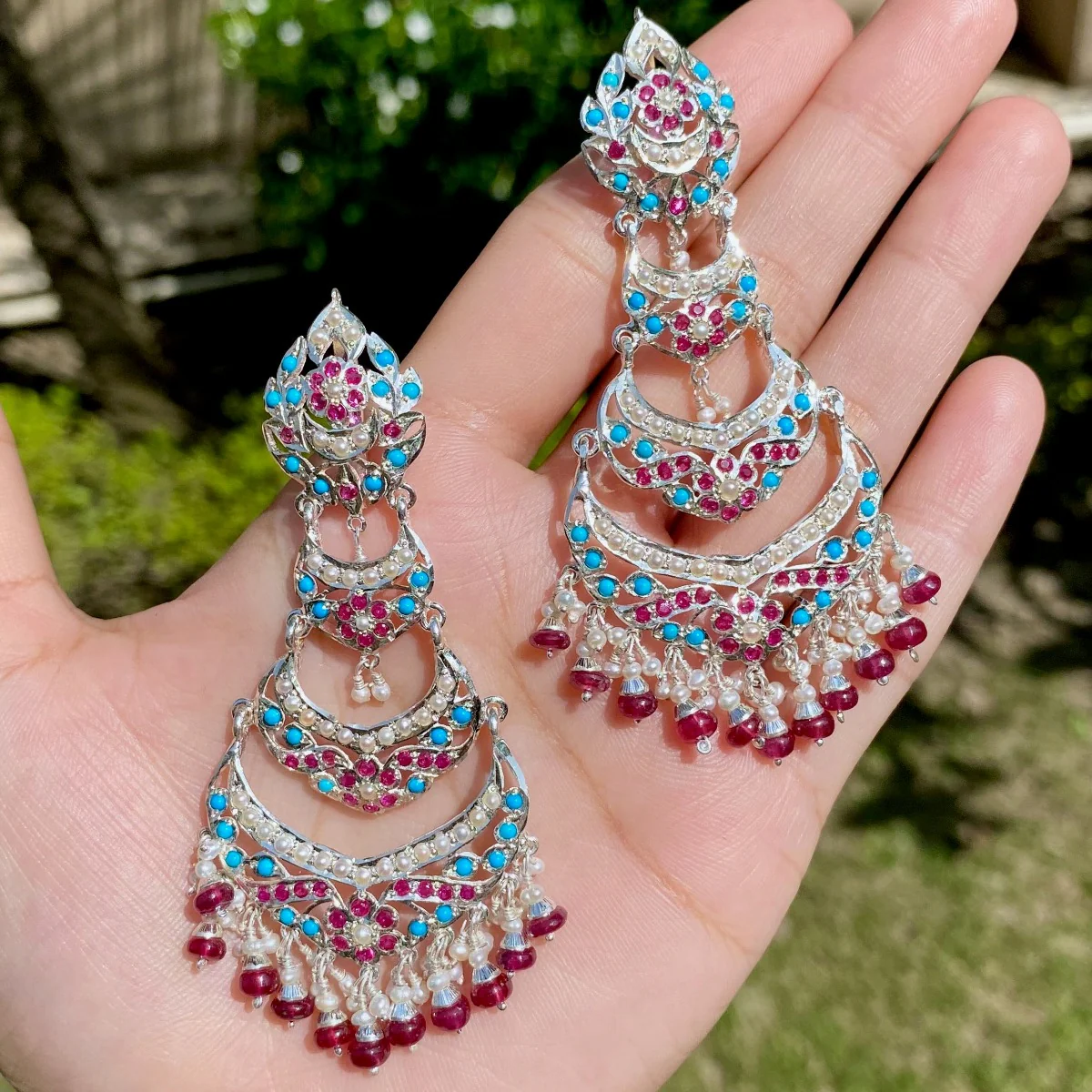 Silver Earrings for Women | Turquoise, Ruby Pearl | Jadau Earrings SER 013 - Image 5