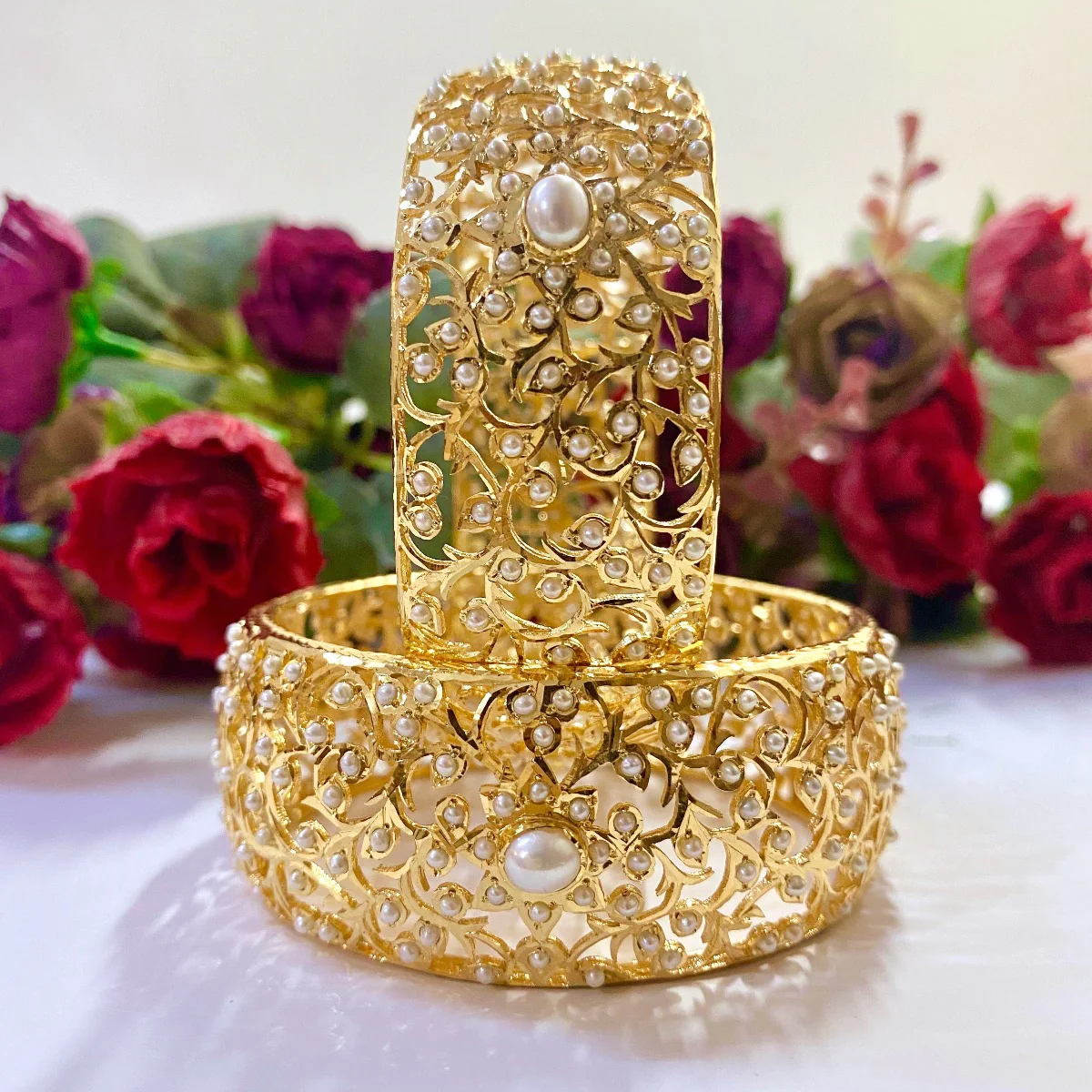 Gold Polished Jadau Bangles | Studded with Freshwater Pearls BG 002 - Image 3