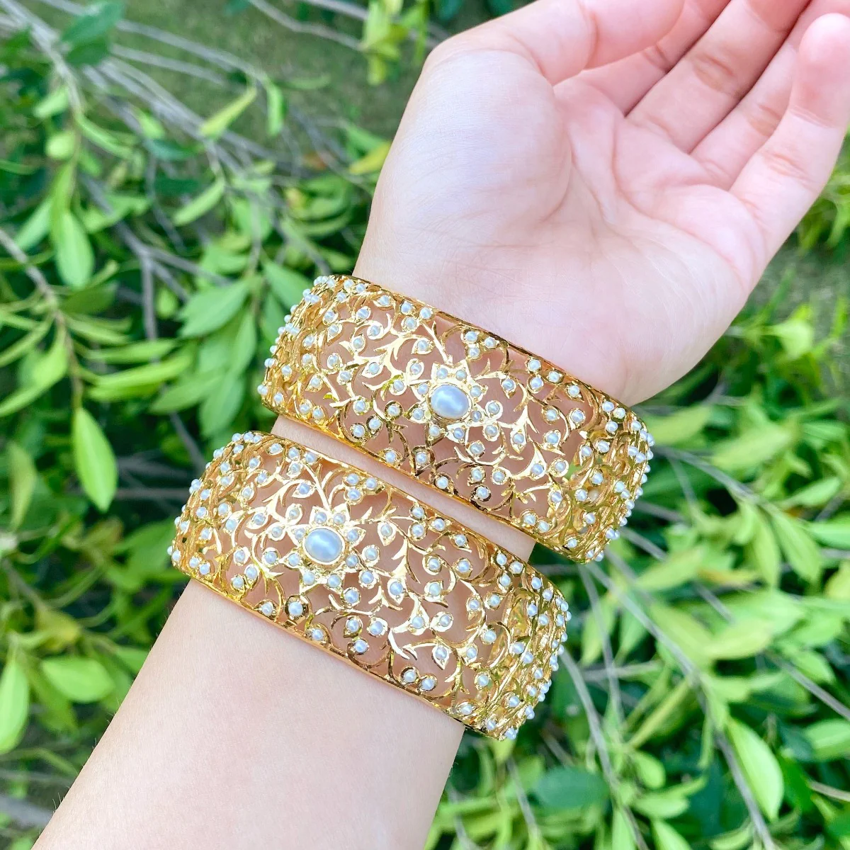 Gold Polished Jadau Bangles | Studded with Freshwater Pearls BG 002 - Image 4