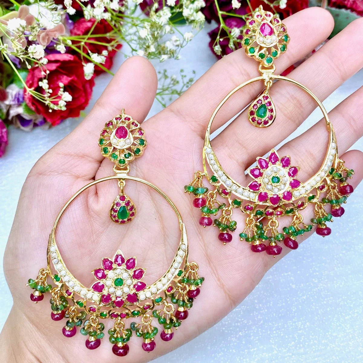 Large Chandbali Earrings | Ruby-Emerald Combination | 925 Sterling Silver Gold Plated ER 027 - Image 3