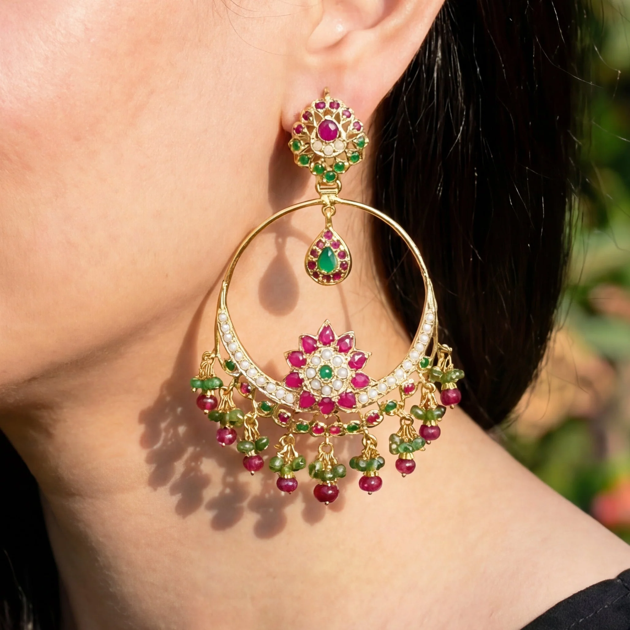Large Chandbali Earrings | Ruby-Emerald Combination | 925 Sterling Silver Gold Plated ER 027 - Image 4