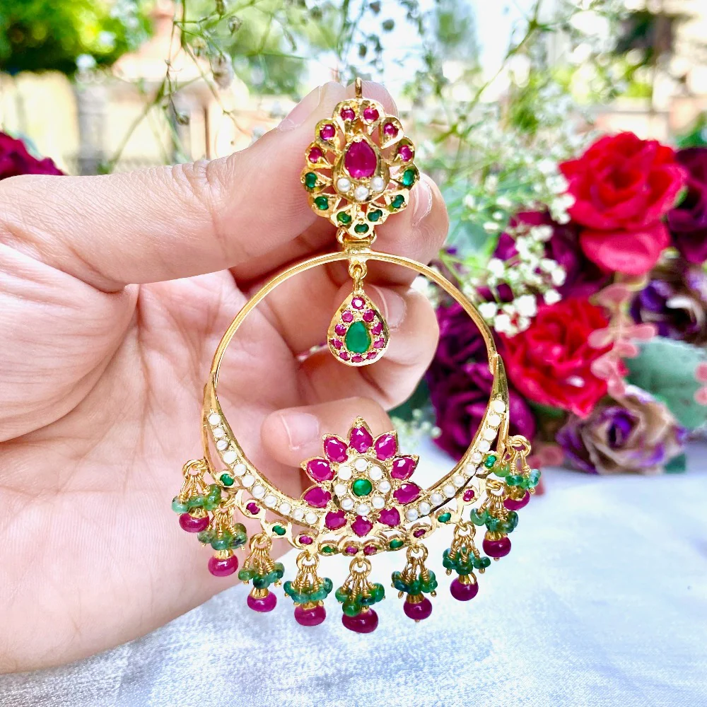 Large Chandbali Earrings | Ruby-Emerald Combination | 925 Sterling Silver Gold Plated ER 027 - Image 5
