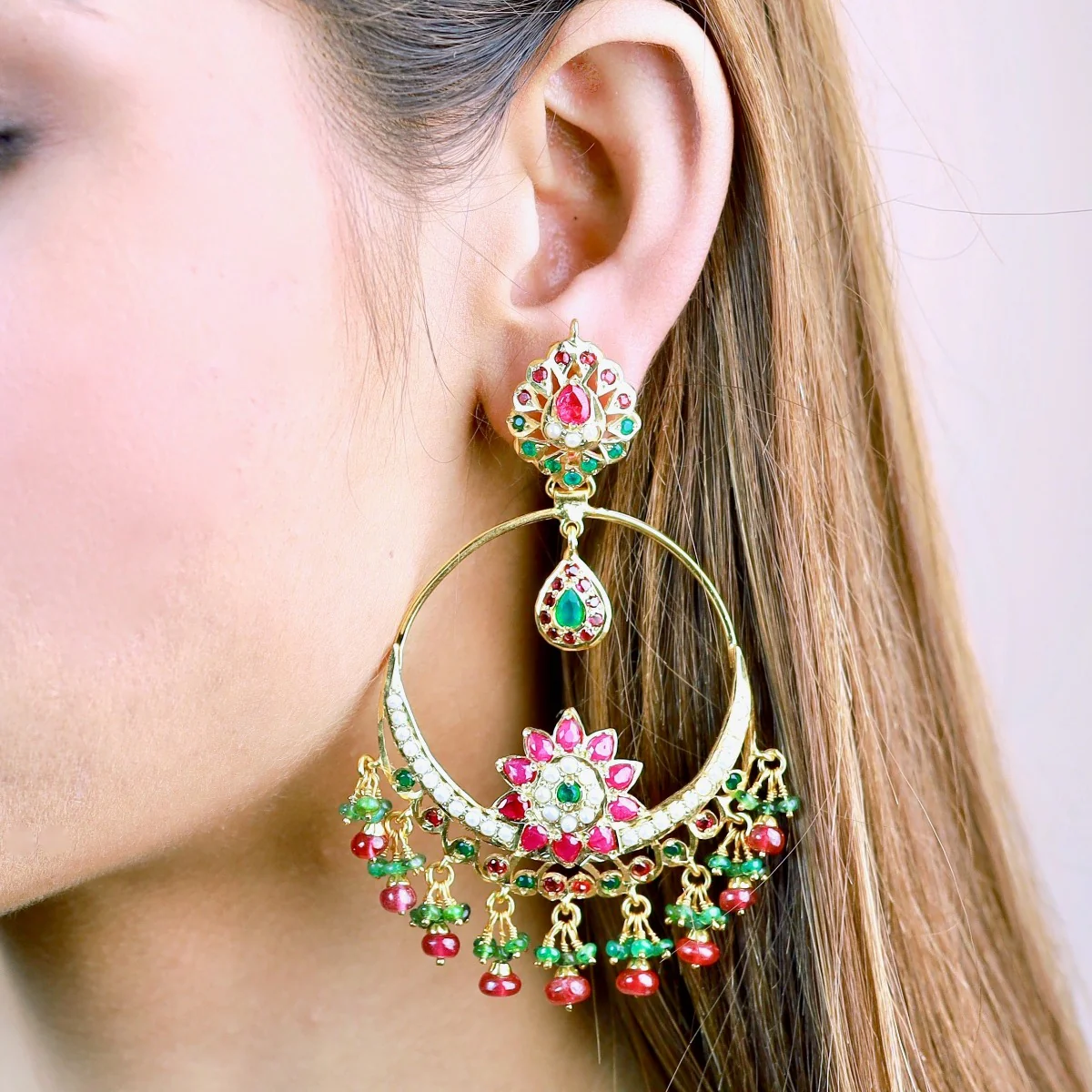 Large Chandbali Earrings | Ruby-Emerald Combination | 925 Sterling Silver Gold Plated ER 027 - Image 6