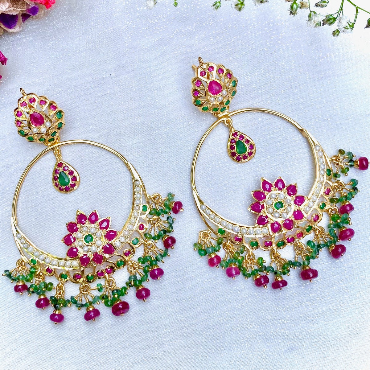 Large Chandbali Earrings | Ruby-Emerald Combination | 925 Sterling Silver Gold Plated ER 027 - Image 7