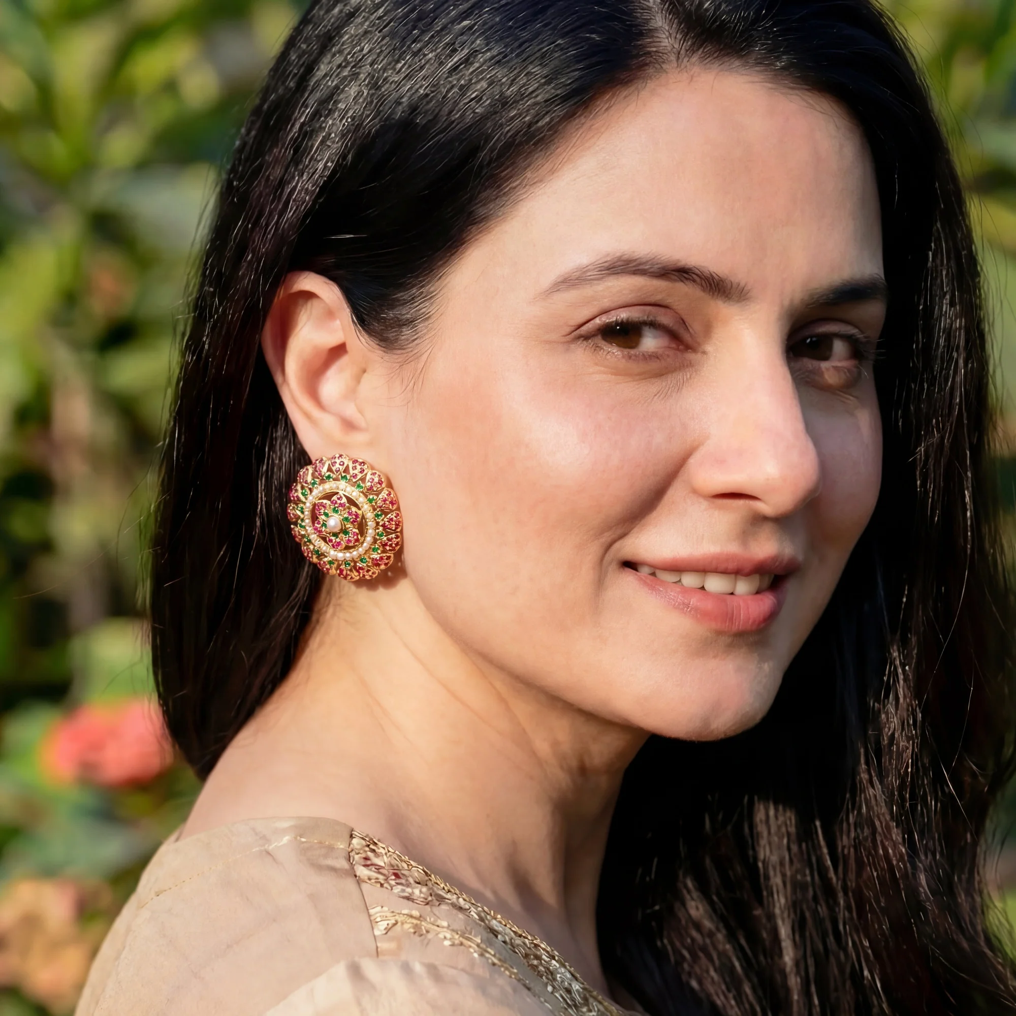Big Round Jadau Stud Earrings | Gold Plated on Silver ER 065 - Image 3