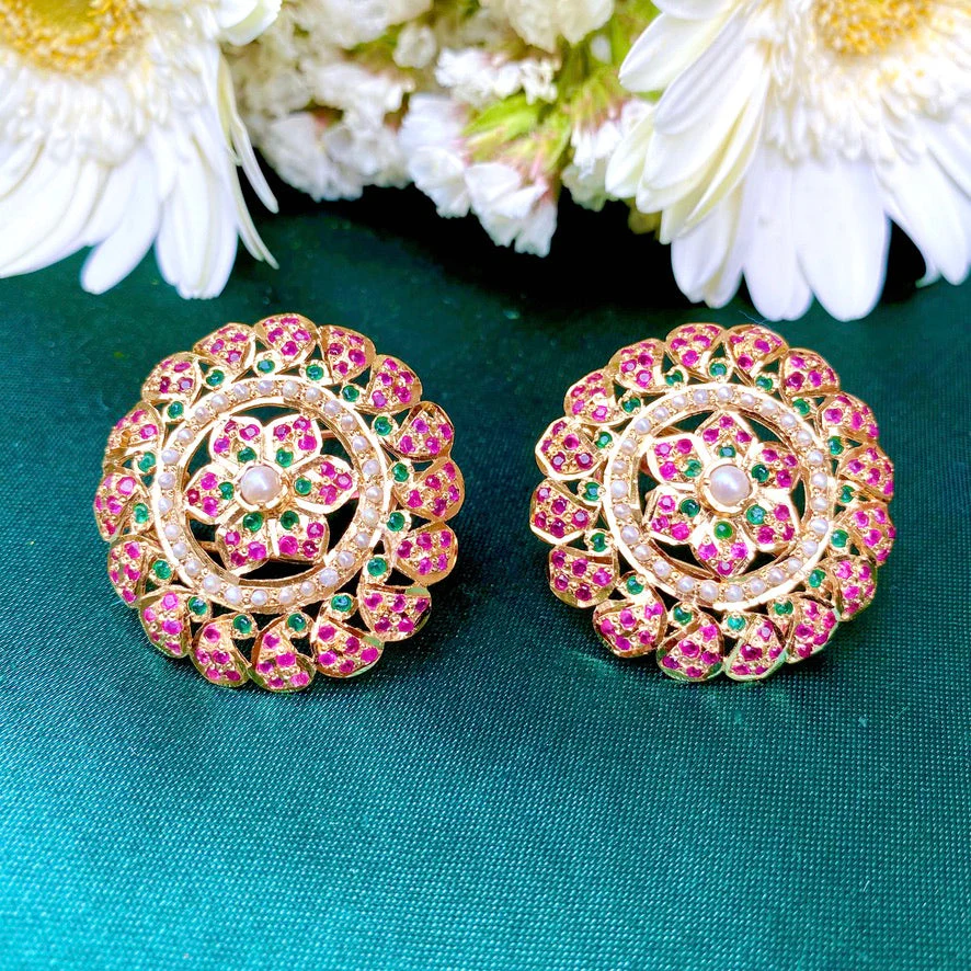 Big Round Jadau Stud Earrings | Gold Plated on Silver ER 065 - Image 4