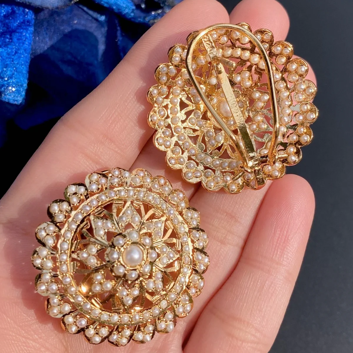 Gold Plated Pearl Studs | Large Round Stud Earrings for Women ER 063 - Image 4