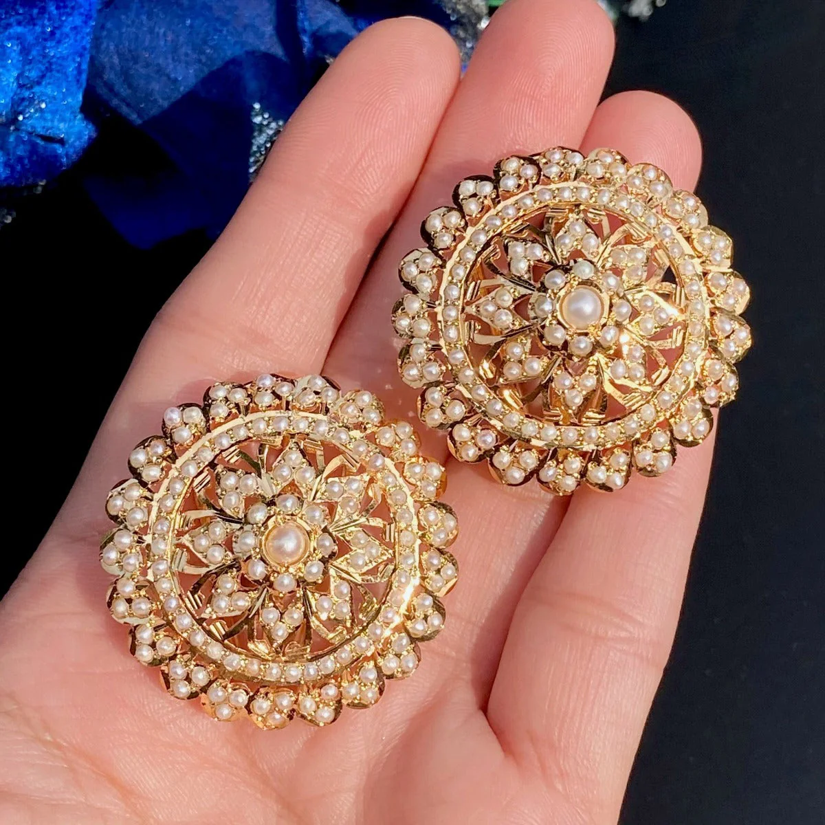 Gold Plated Pearl Studs | Large Round Stud Earrings for Women ER 063 - Image 6