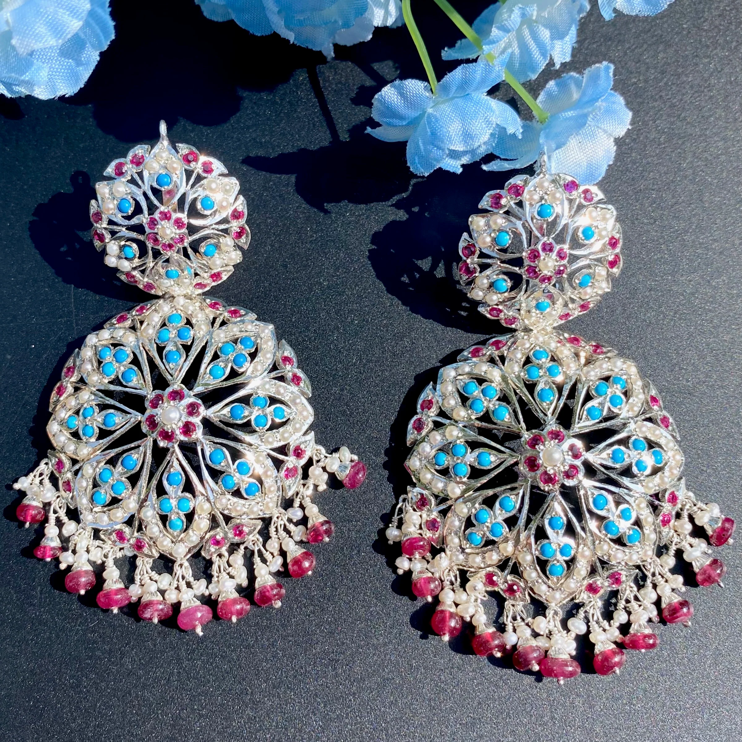 Fusion Silver Earrings | Pearl-Ruby-Turquoise SER 006 - Image 3