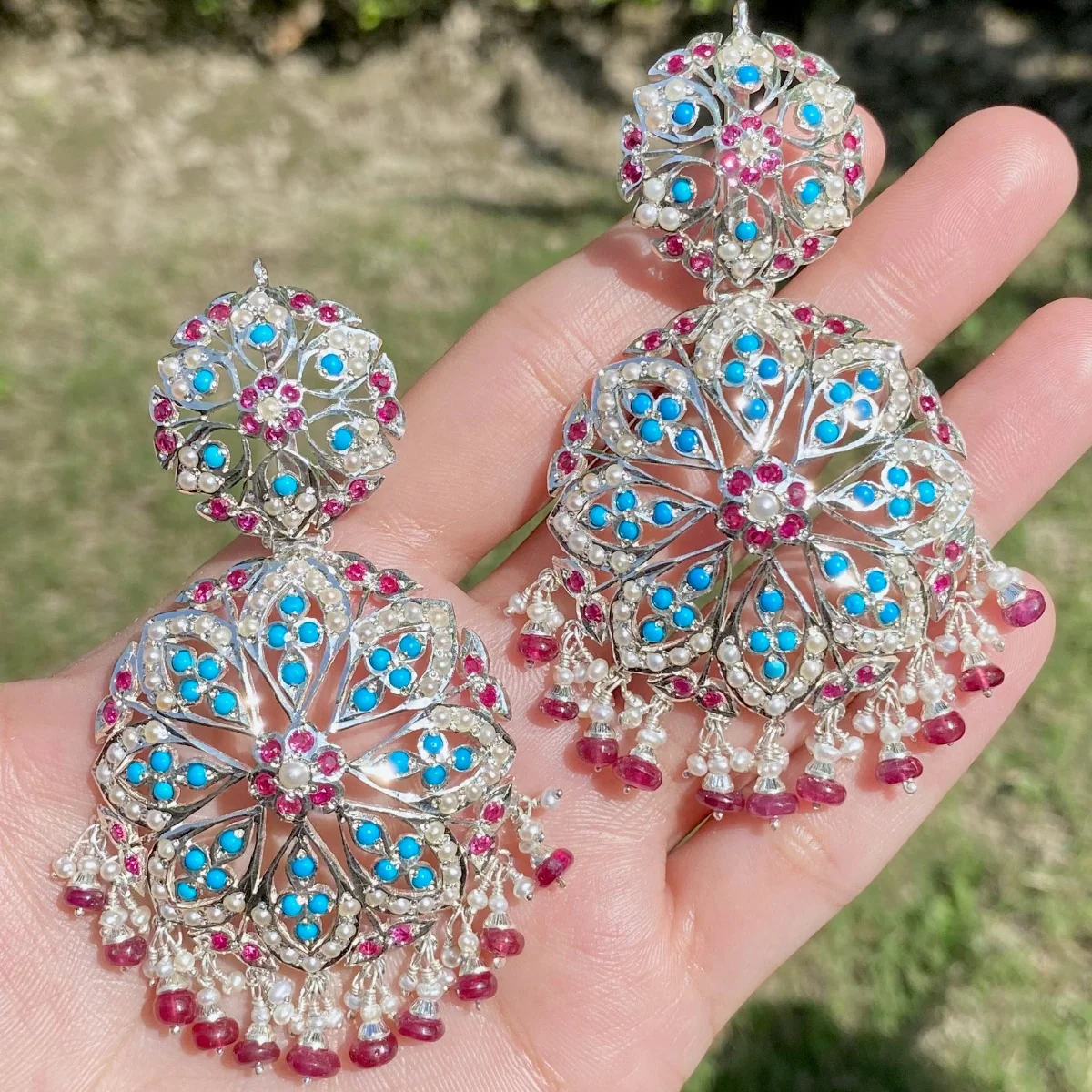 Fusion Silver Earrings | Pearl-Ruby-Turquoise SER 006 - Image 4