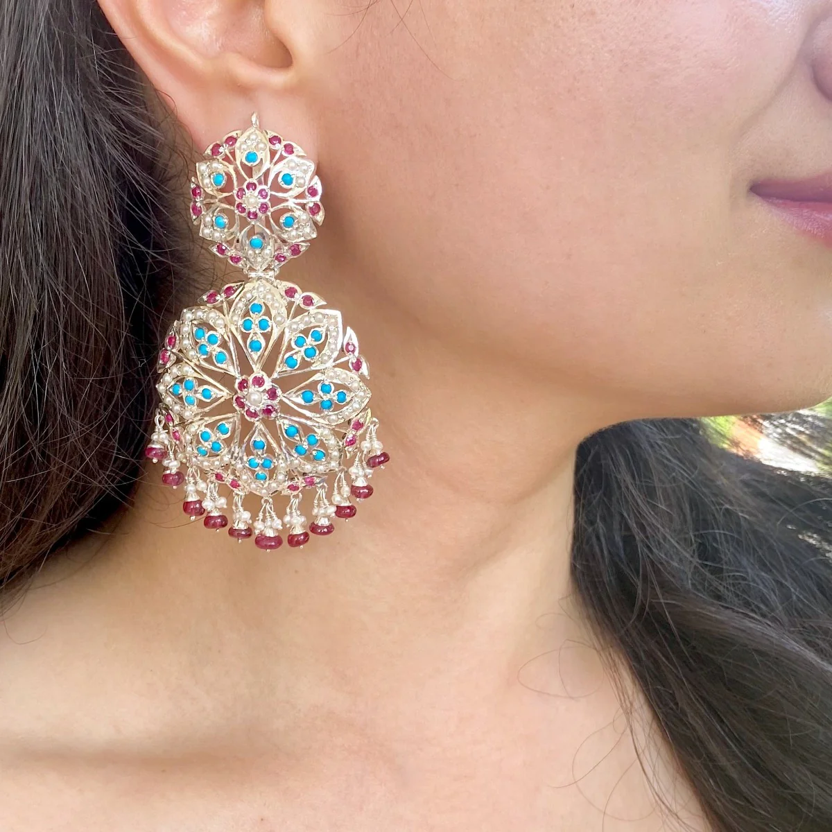 Fusion Silver Earrings | Pearl-Ruby-Turquoise SER 006 - Image 5
