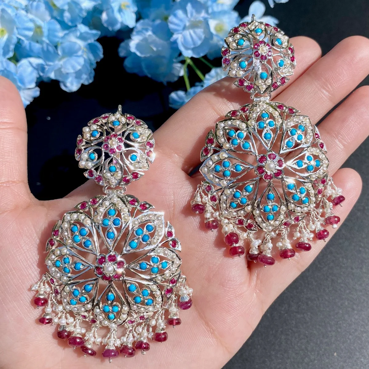 Fusion Silver Earrings | Pearl-Ruby-Turquoise SER 006 - Image 6