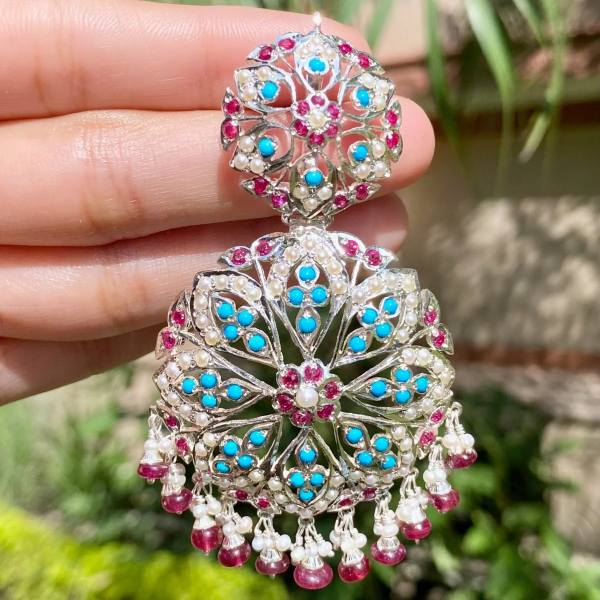Fusion Silver Earrings | Pearl-Ruby-Turquoise SER 006 - Image 7