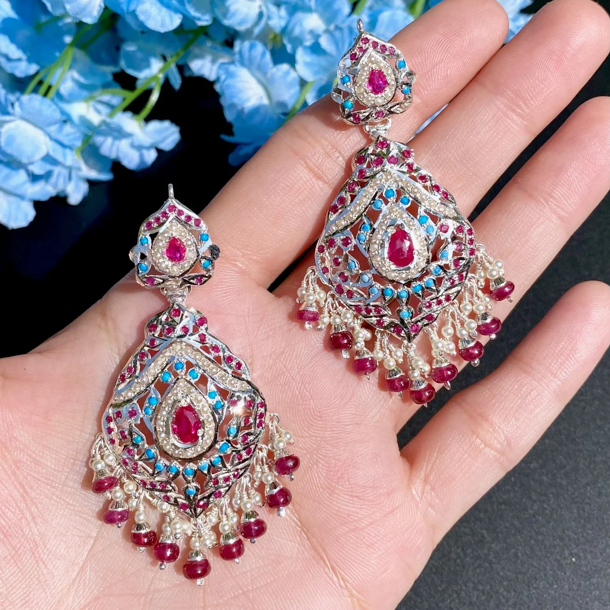 Bohemian Earrings in Silver | Red & Blue Stones | Ethnic Tribalwear SER 012 - Image 3