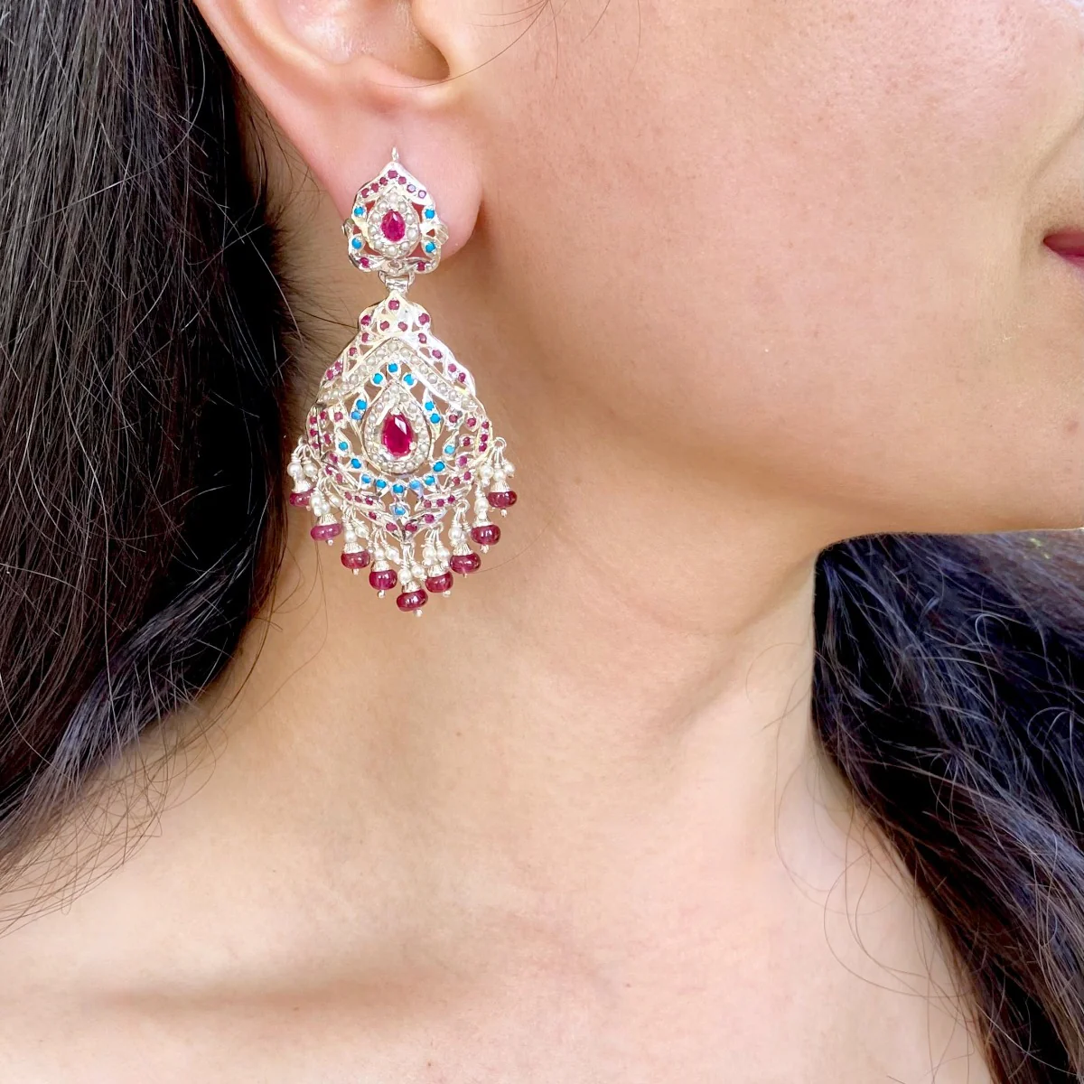 Bohemian Earrings in Silver | Red & Blue Stones | Ethnic Tribalwear SER 012 - Image 4