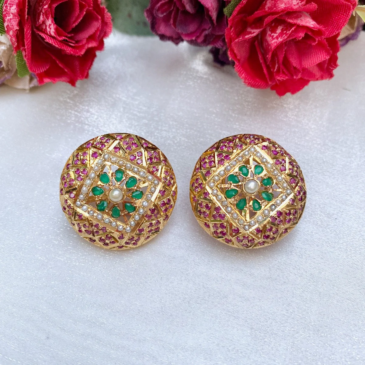 Statement Stud Earrings | Multicoloured Design | Gold Plated Silver ER 070 - Image 3