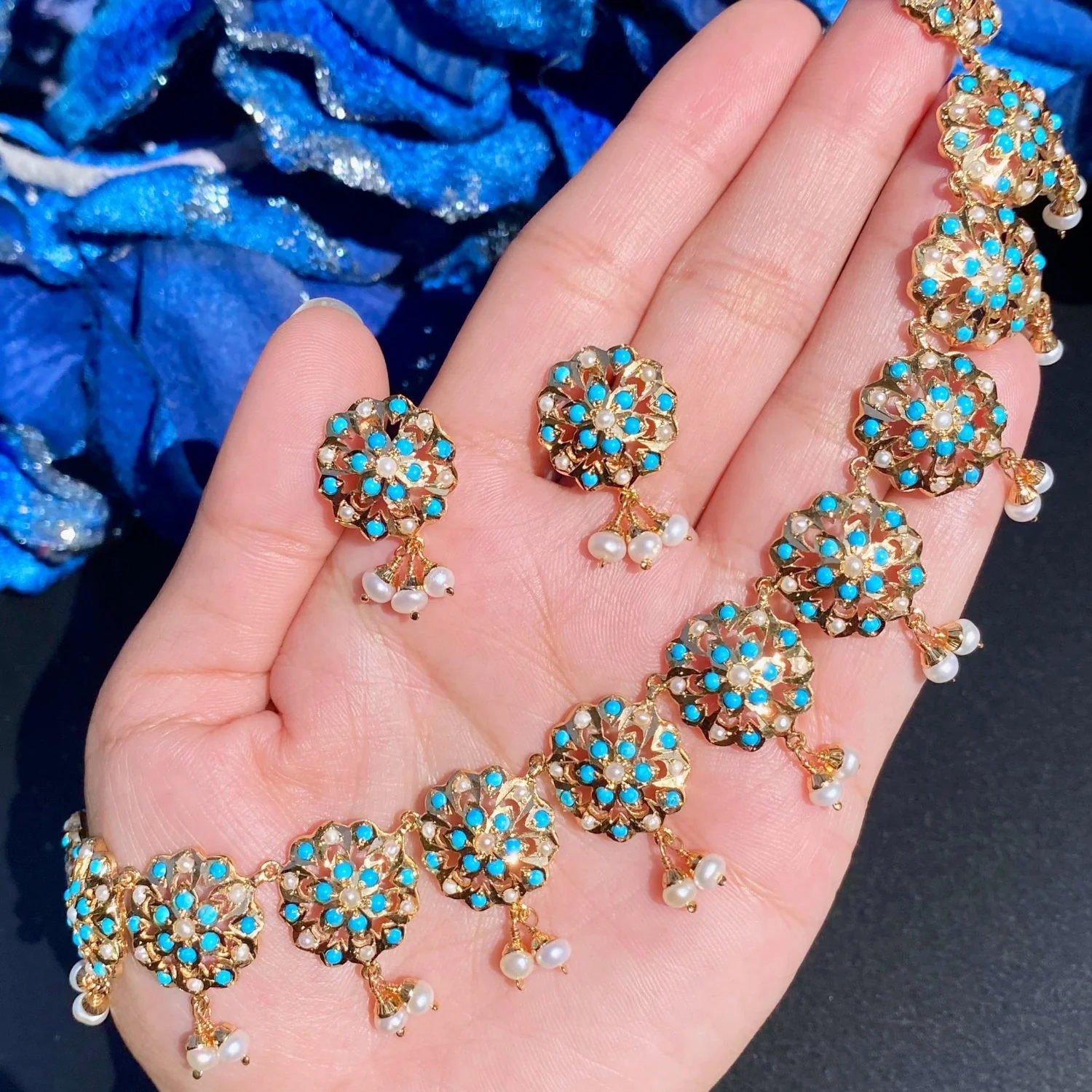 Dainty Turquoise Necklace with Tops | Minimalist Indian Necklace Set NS 288 - Image 5