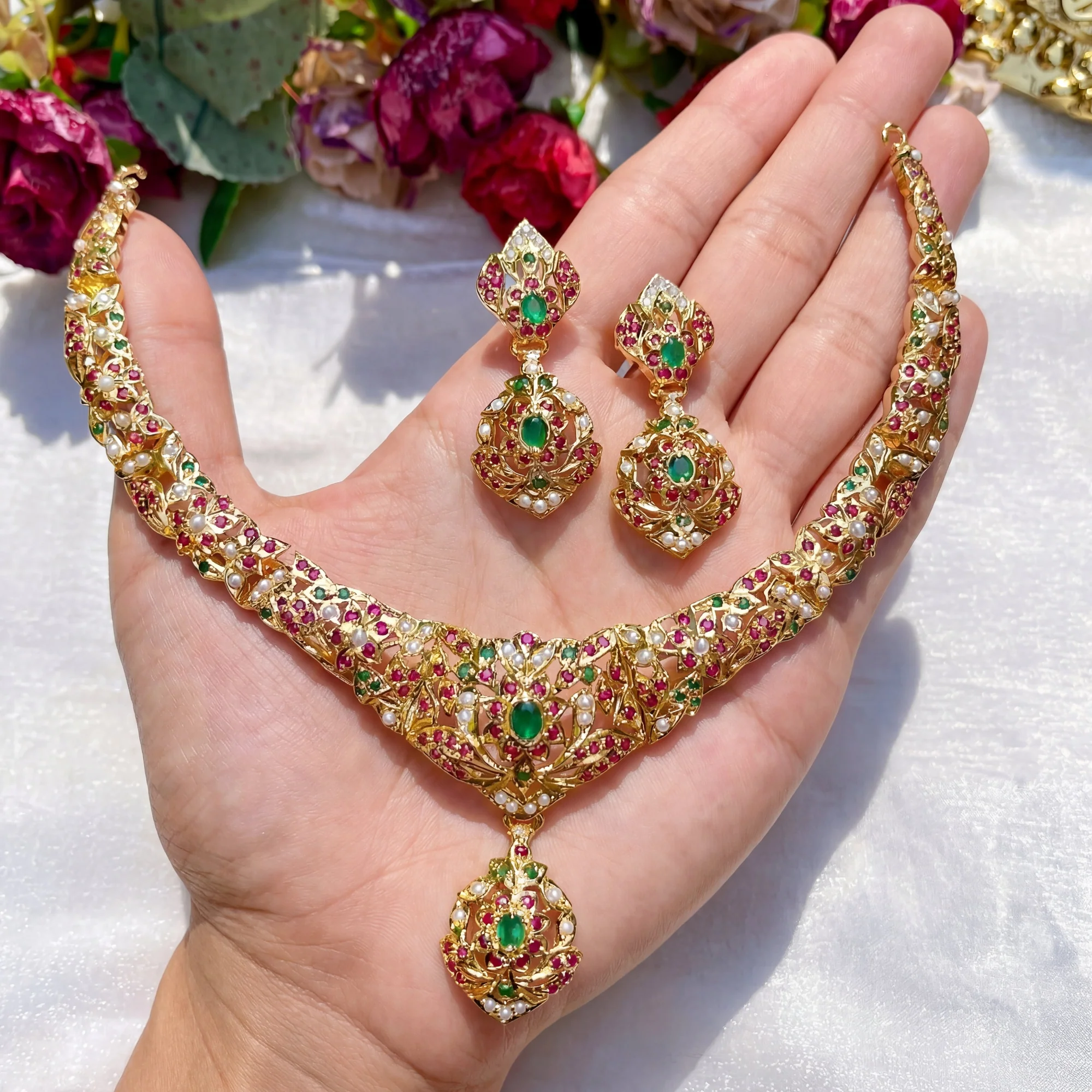 Gold Plated Necklace Set in Silver made with Traditional Jadau Technique NS 003 - Image 3