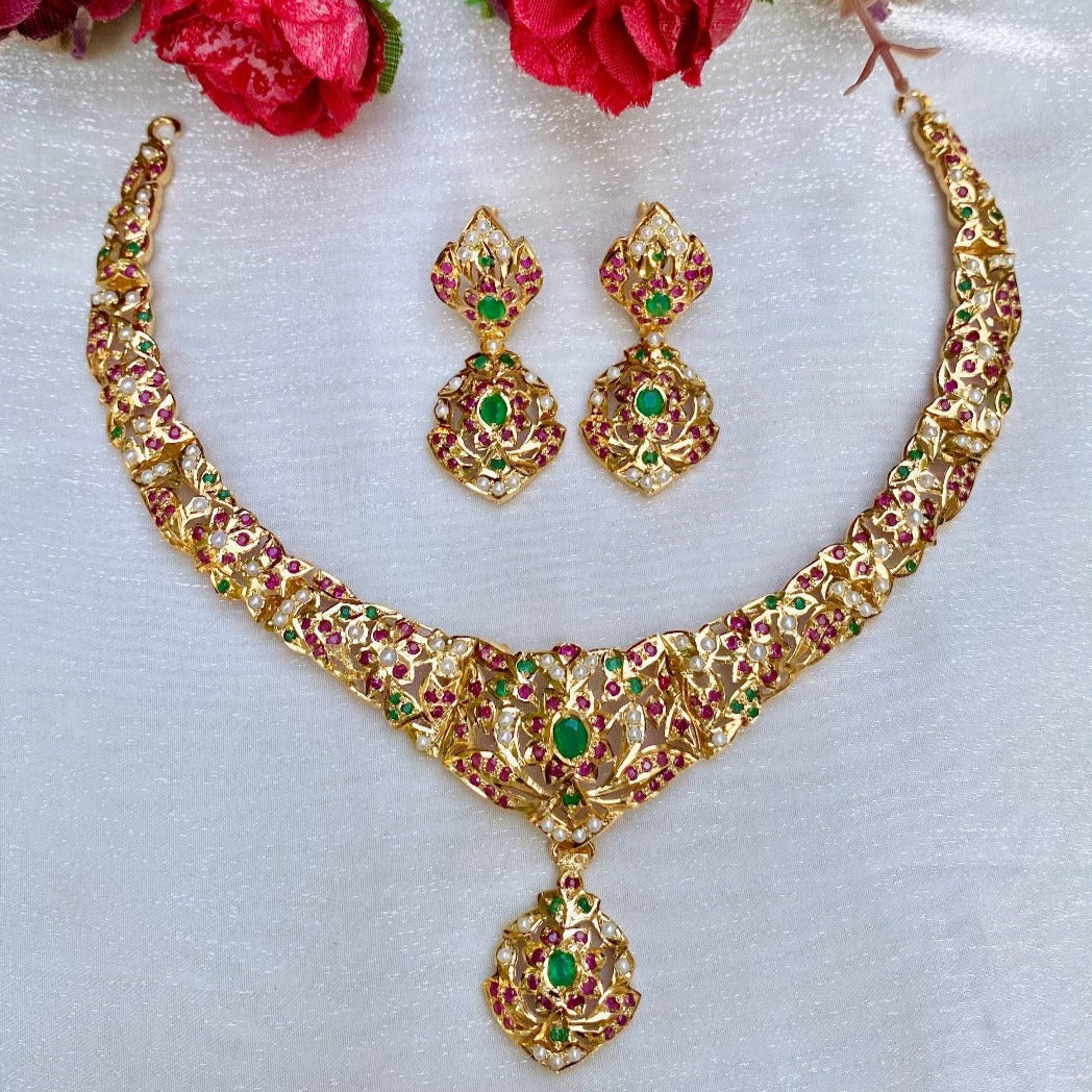 Gold Plated Necklace Set in Silver made with Traditional Jadau Technique NS 003 - Image 4
