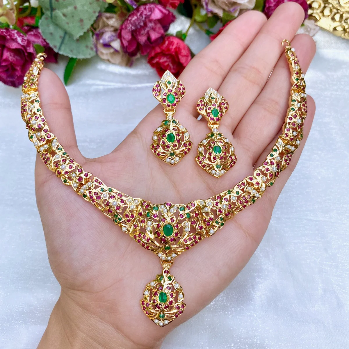 Gold Plated Necklace Set in Silver made with Traditional Jadau Technique NS 003 - Image 7