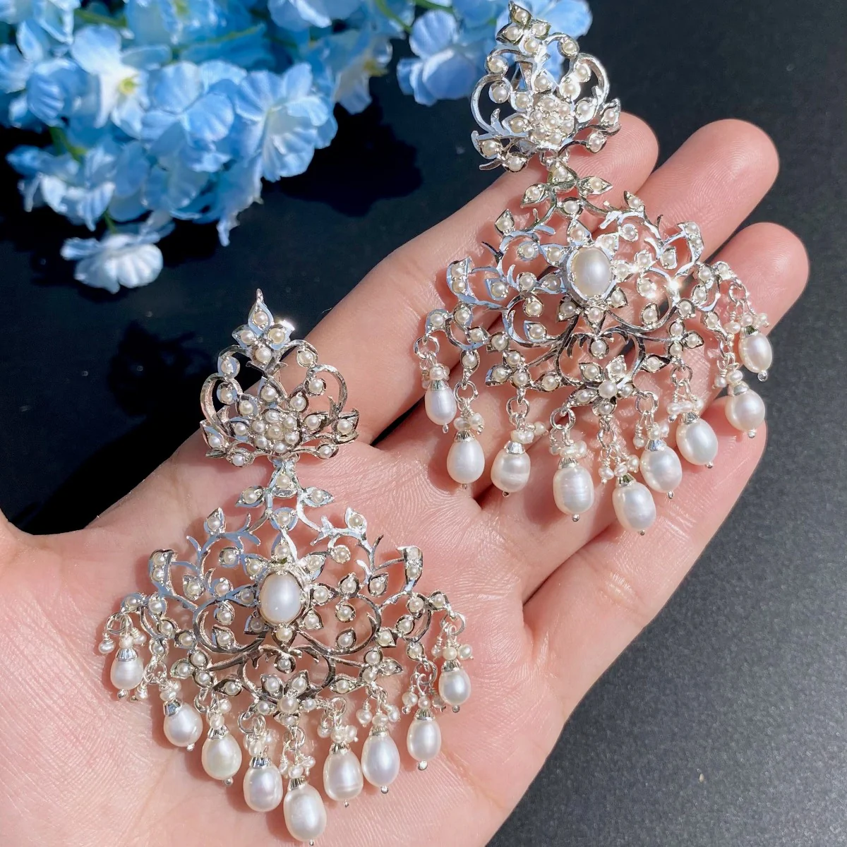 Pure Silver Earrings | Indo-Western Bohemian Design | Pure Freshwater Pearls SER 010 - Image 4