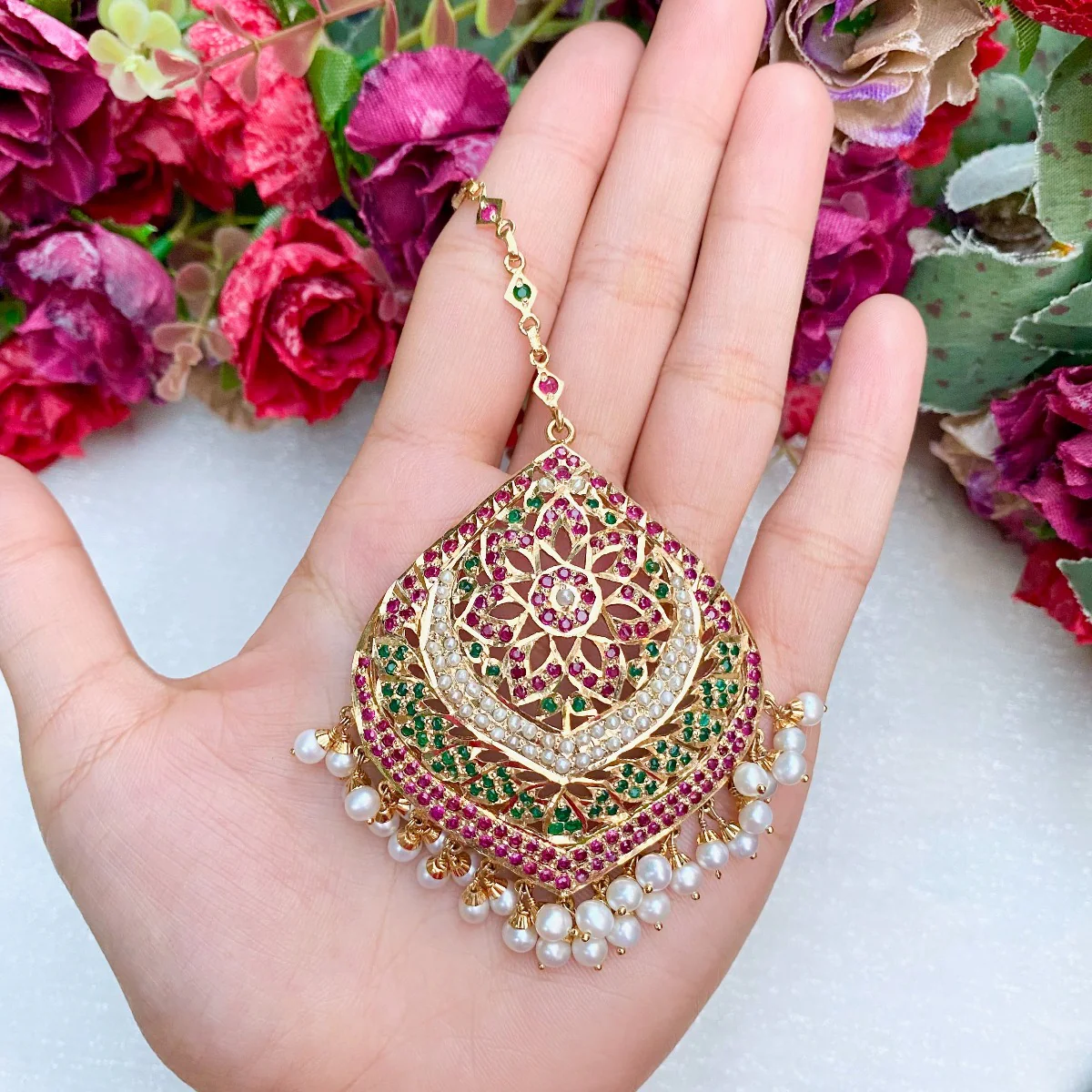 Amritsari Jadau Tikka | Real 22k Gold Like Finish on Silver TK 002 - Image 3