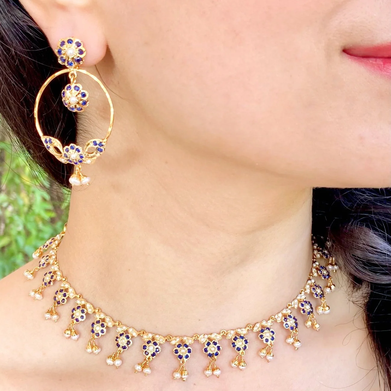 Delicate Sapphire & Pearl Necklace Set | Elegant Floral Design NS 224 - Image 3