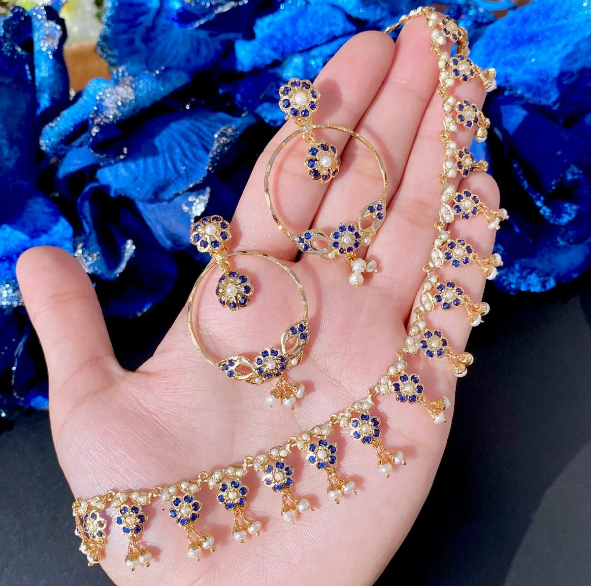 Delicate Sapphire & Pearl Necklace Set | Elegant Floral Design NS 224 - Image 4