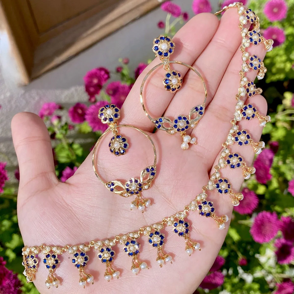 Delicate Sapphire & Pearl Necklace Set | Elegant Floral Design NS 224 - Image 5