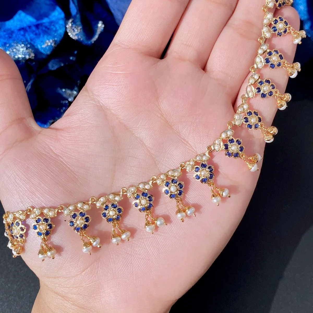 Delicate Sapphire & Pearl Necklace Set | Elegant Floral Design NS 224 - Image 6