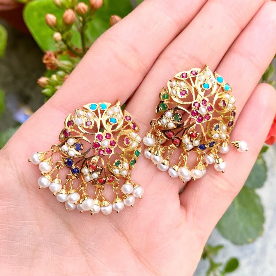 Round Navratna Stud Earrings | Hyderabadi Jadau Jewelry | Gold Plated on Silver ER 037 - Image 3