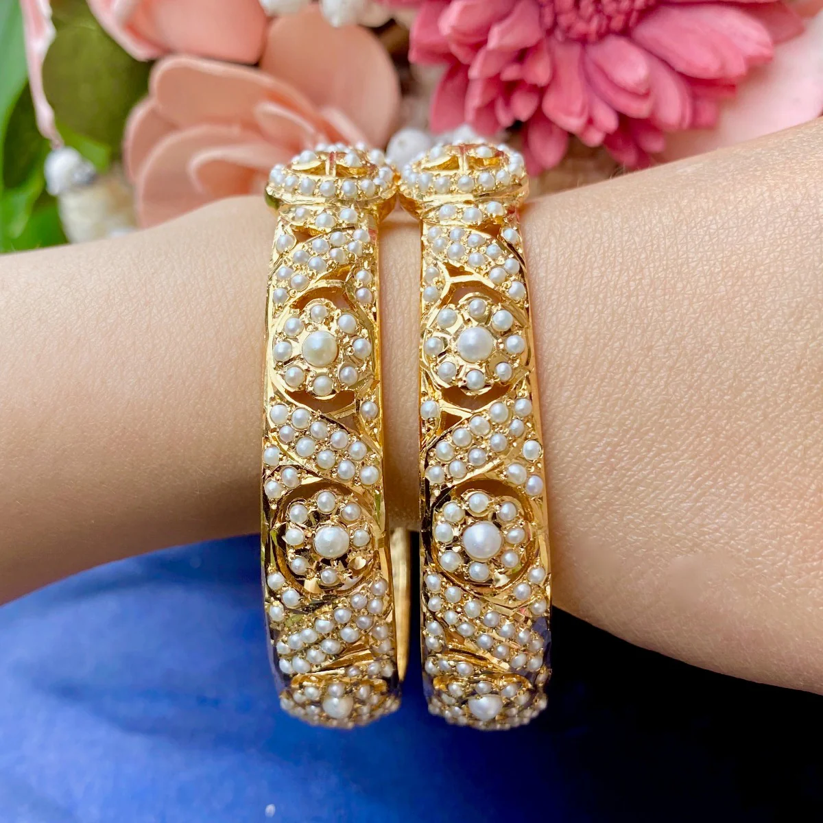 Gold Plated Pearl Kadas | Mughal Design | Stone Bangles BG 010 - Image 3