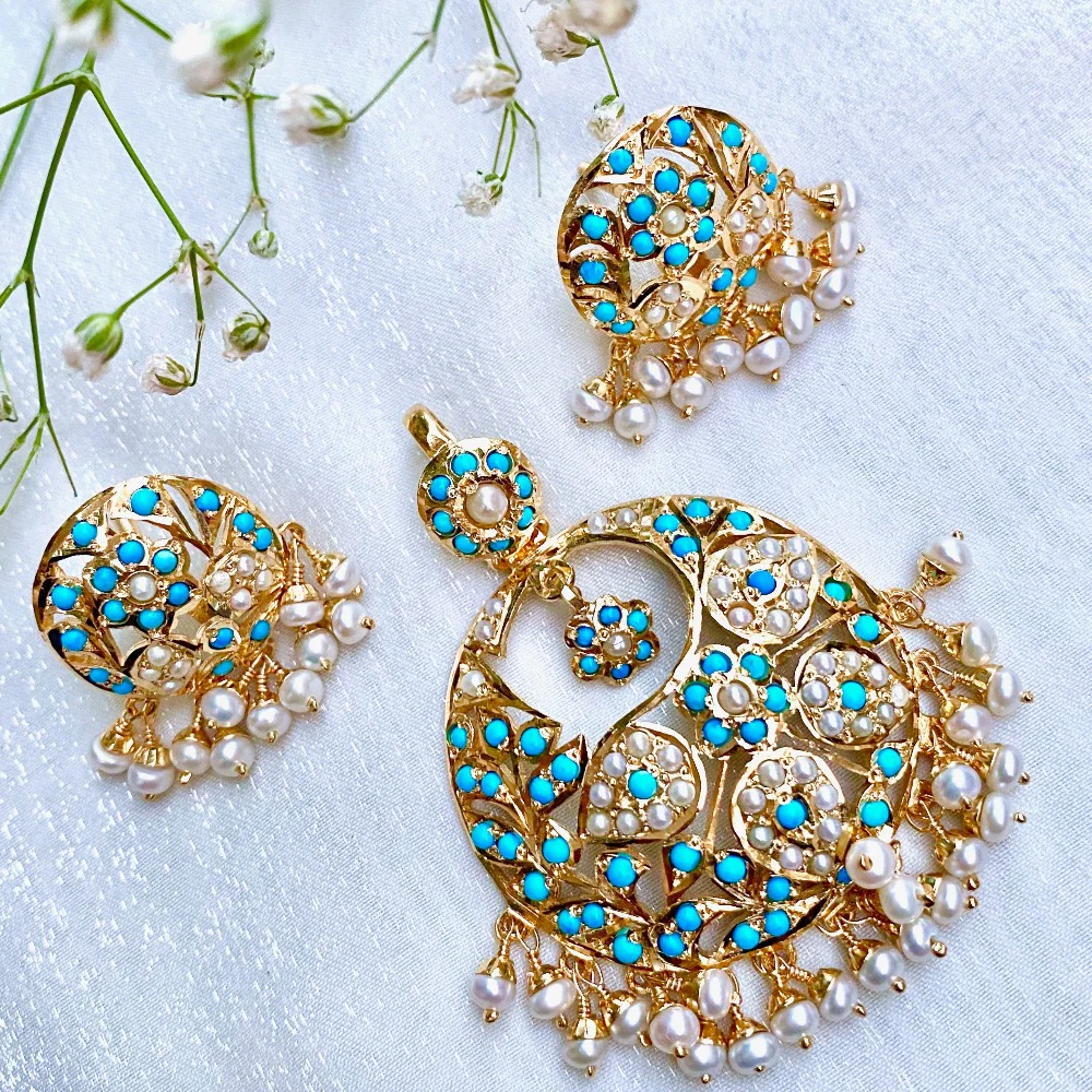 Mughal Era Inspired, Pearl feroza Pendant Set on 925 Silver PS 033 - Image 3