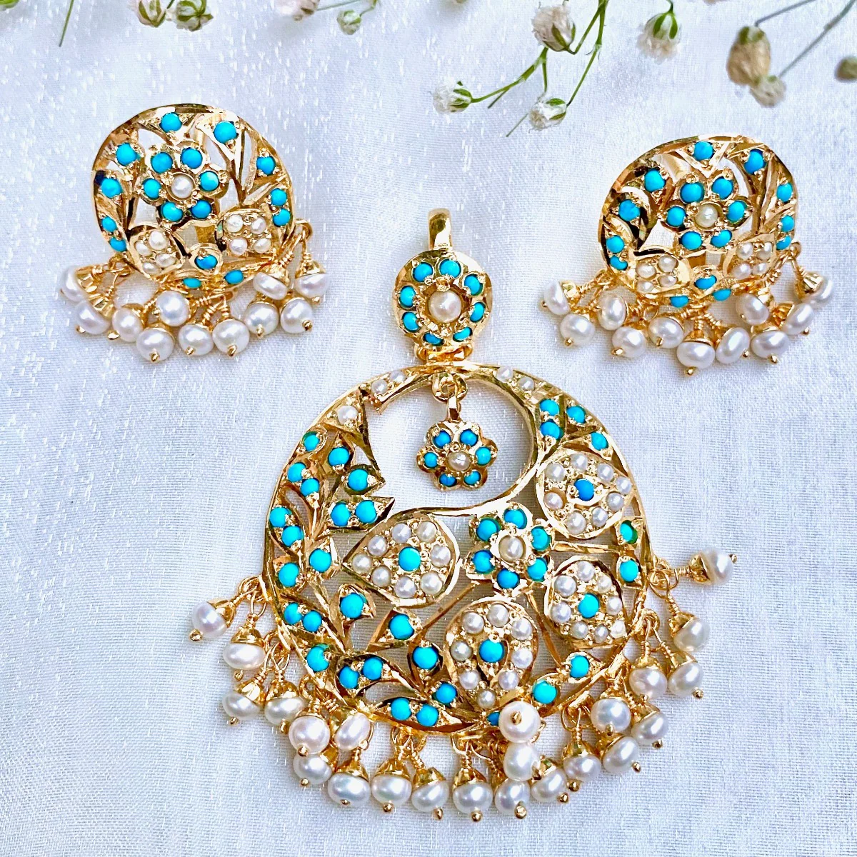 Mughal Era Inspired, Pearl feroza Pendant Set on 925 Silver PS 033 - Image 4