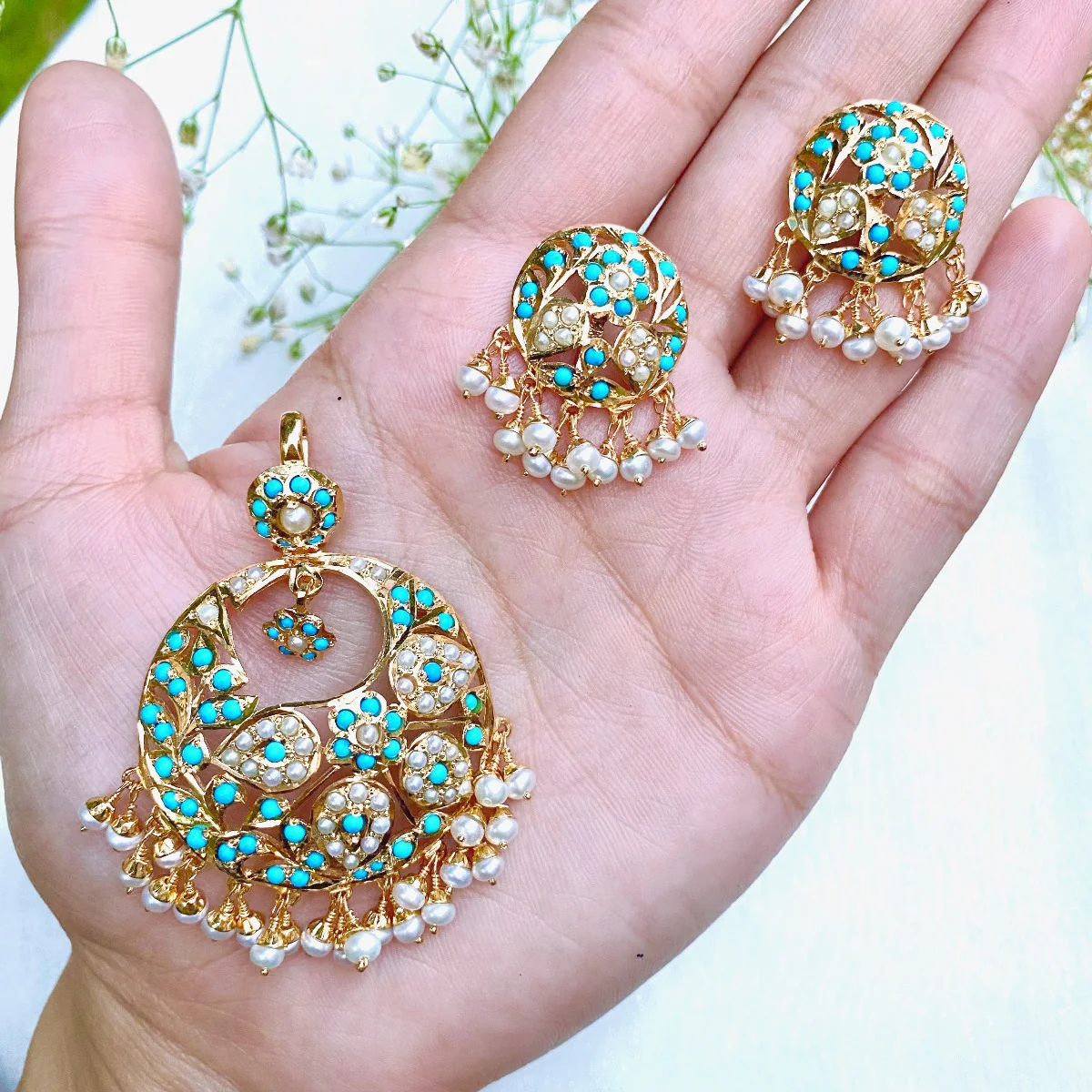 Mughal Era Inspired, Pearl feroza Pendant Set on 925 Silver PS 033 - Image 5