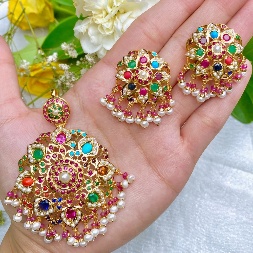 Navratna Pendant Set | Mughal Design | Gold Plated on 925 Silver PS 003 - Image 3