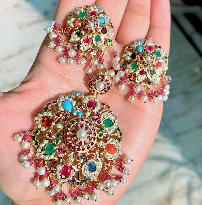 Navratna Pendant Set | Mughal Design | Gold Plated on 925 Silver PS 003 - Image 4