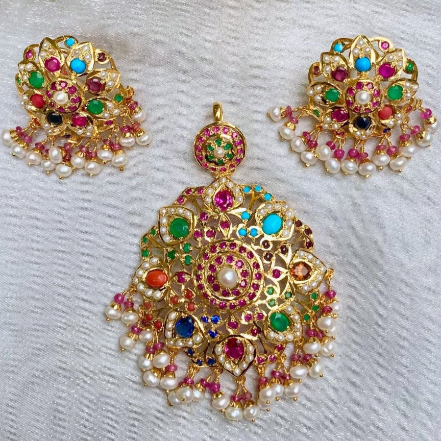 Navratna Pendant Set | Mughal Design | Gold Plated on 925 Silver PS 003 - Image 5