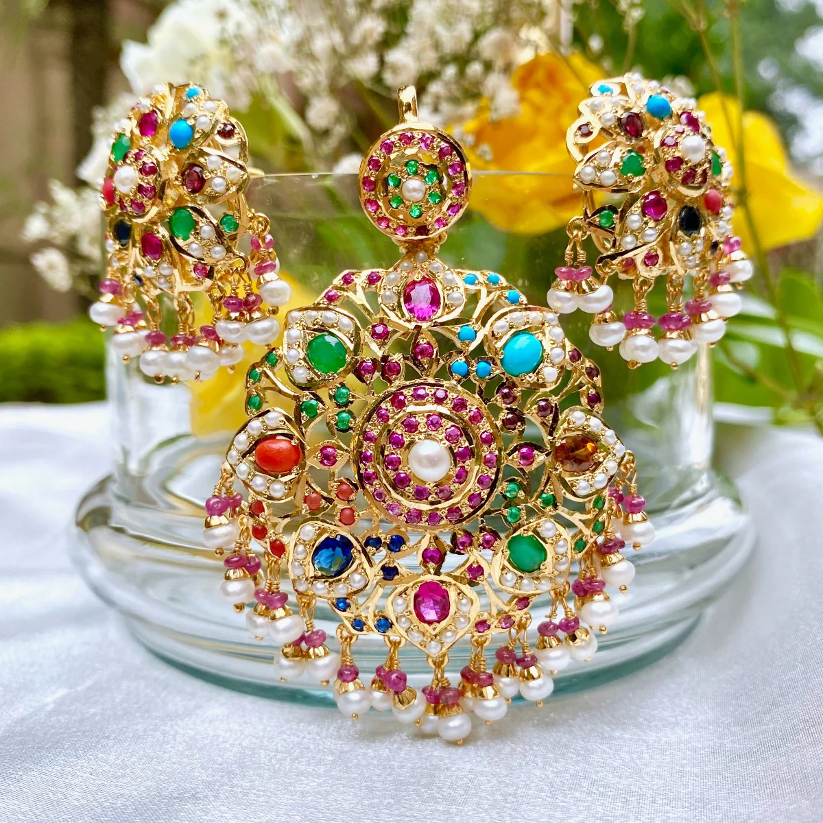 Navratna Pendant Set | Mughal Design | Gold Plated on 925 Silver PS 003 - Image 6