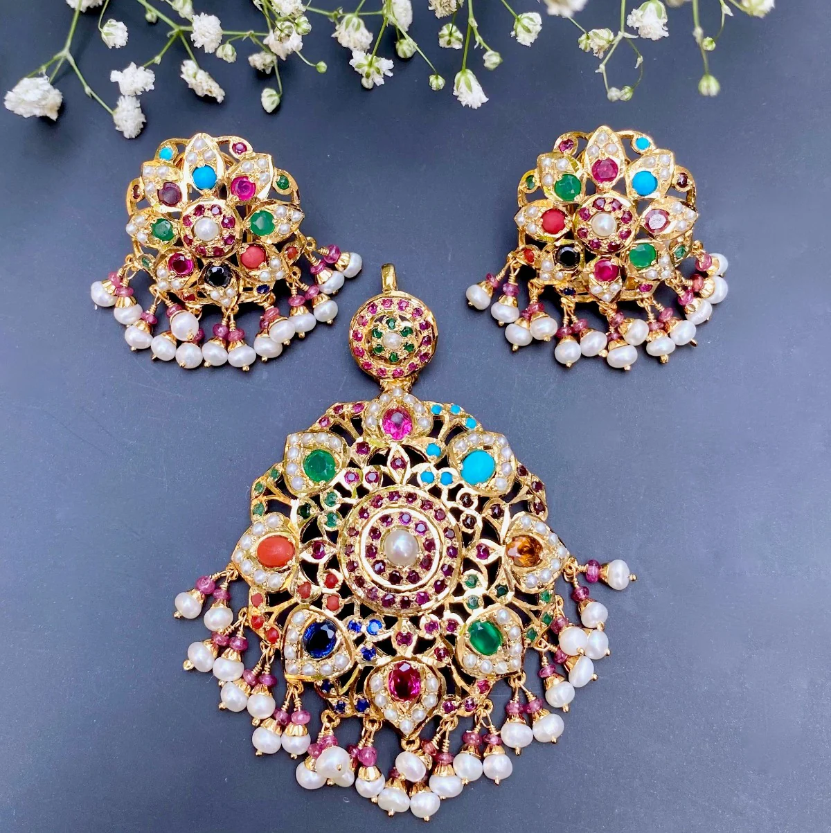 Navratna Pendant Set | Mughal Design | Gold Plated on 925 Silver PS 003 - Image 8