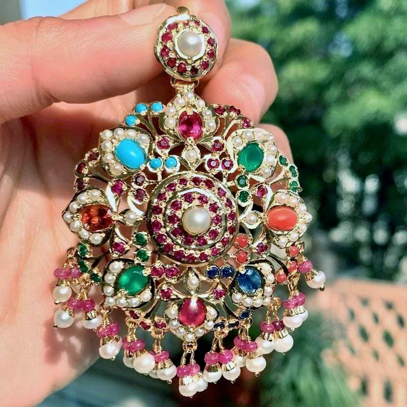 Navratna Pendant Set | Mughal Design | Gold Plated on 925 Silver PS 003 - Image 9