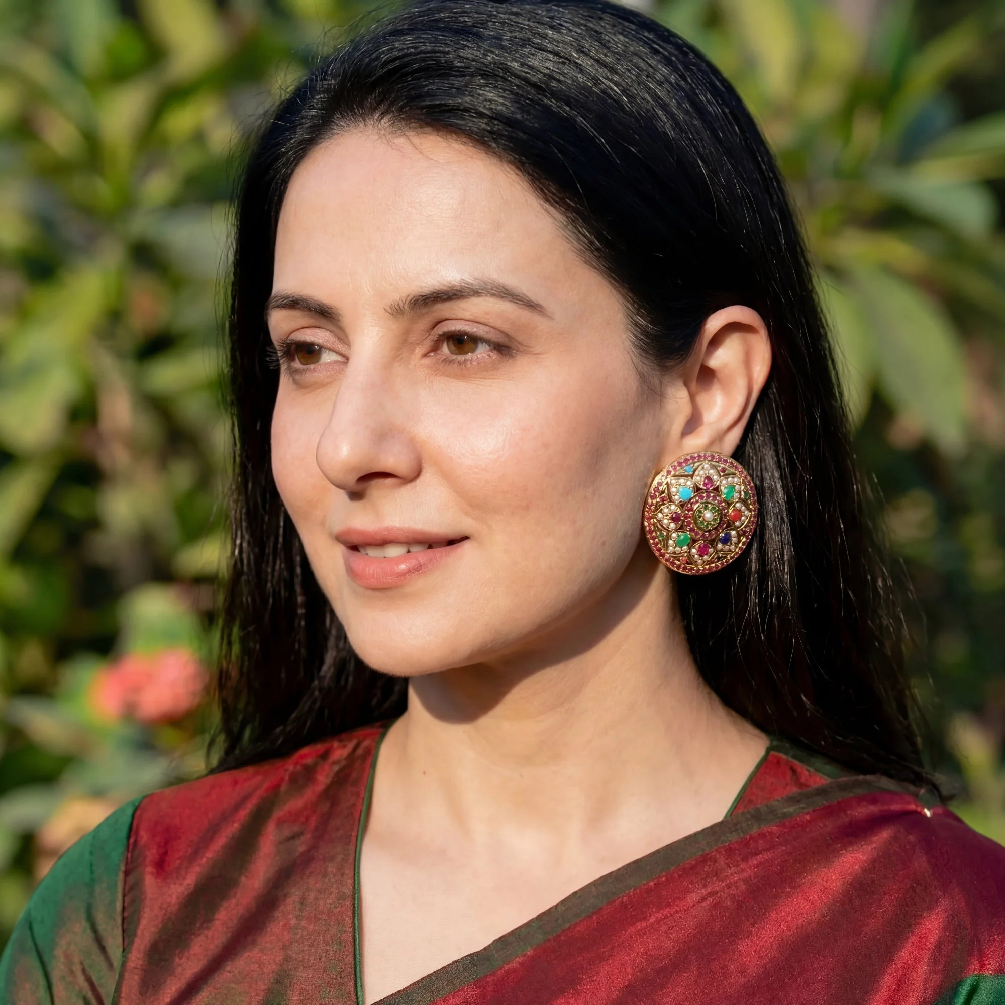 Gold Plated Navrattan Jadau Stud Earrings | Round Shape | Gold Plated Silver ER 064 - Image 3