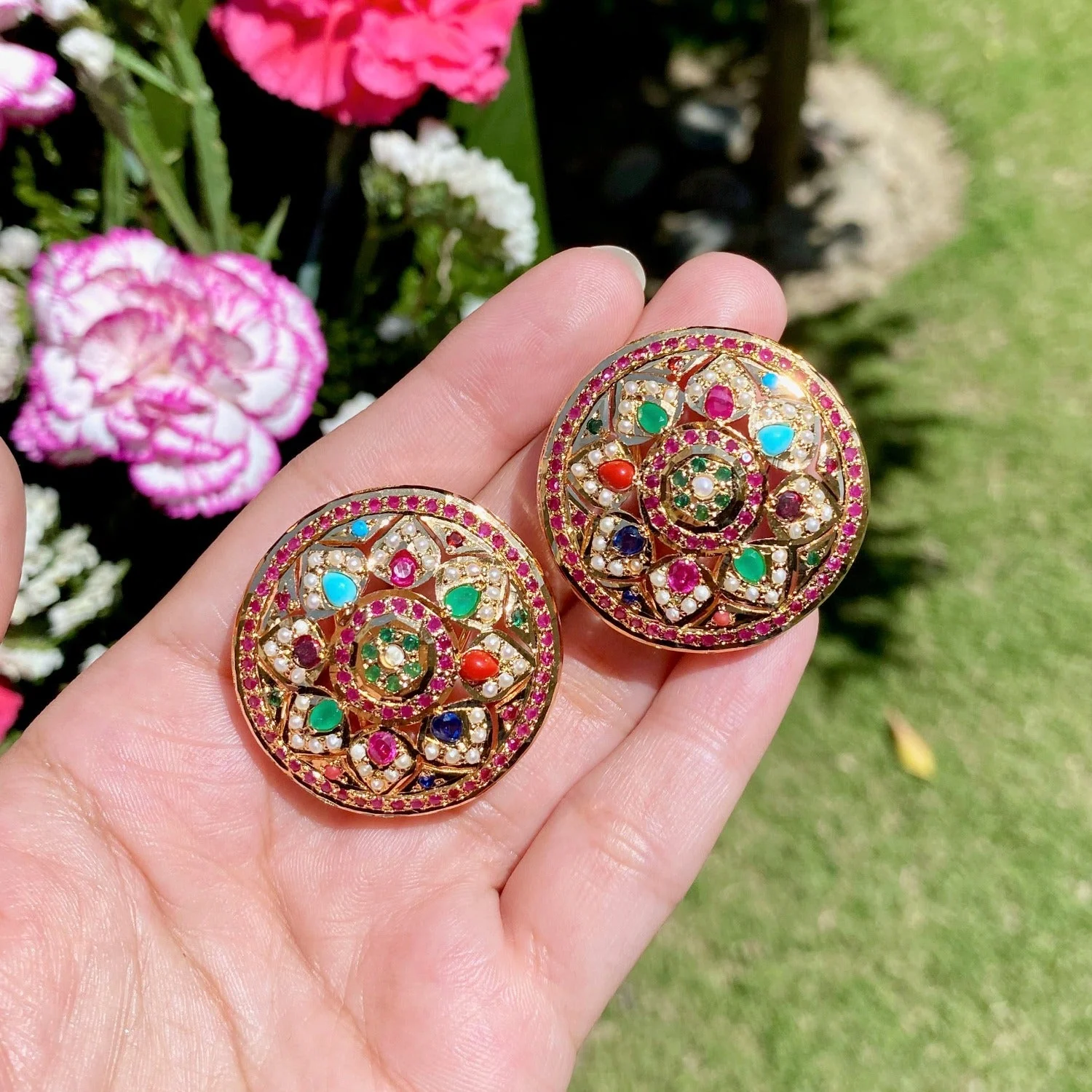 Gold Plated Navrattan Jadau Stud Earrings | Round Shape | Gold Plated Silver ER 064 - Image 4