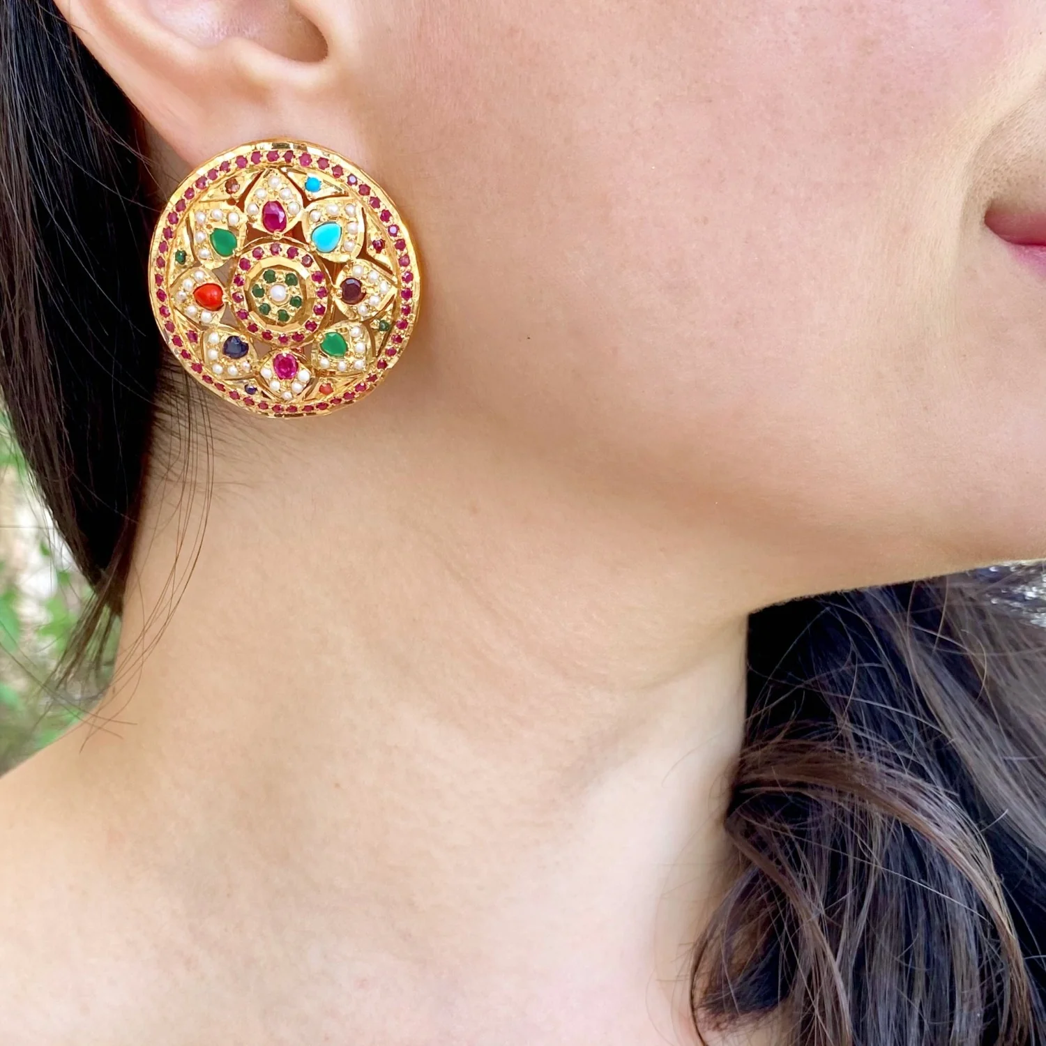 Gold Plated Navrattan Jadau Stud Earrings | Round Shape | Gold Plated Silver ER 064 - Image 5