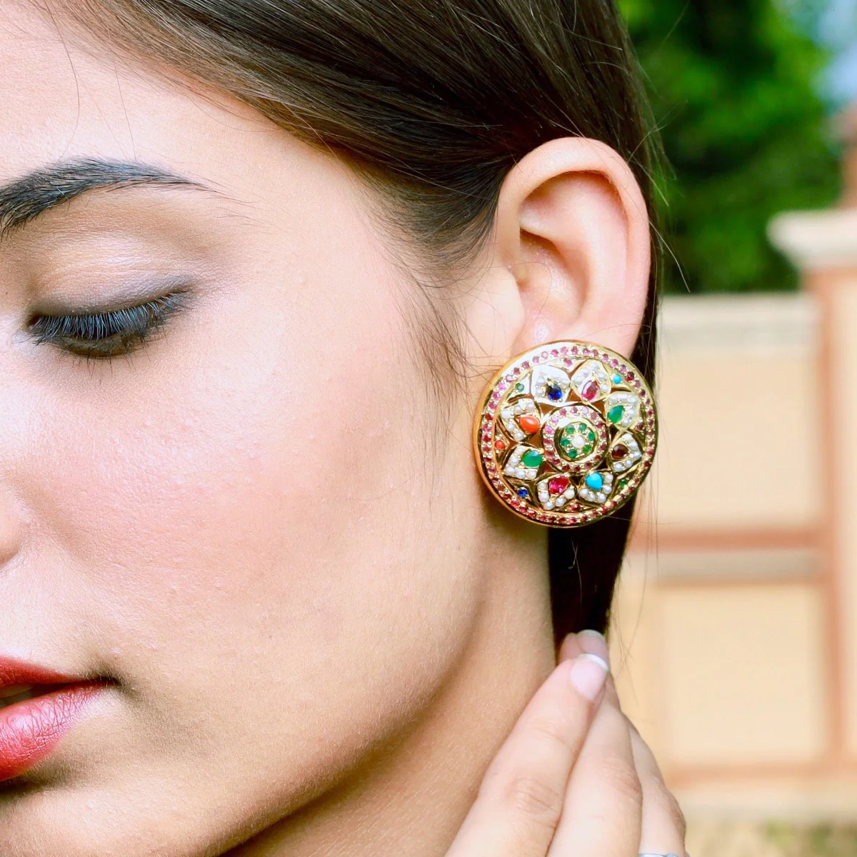 Gold Plated Navrattan Jadau Stud Earrings | Round Shape | Gold Plated Silver ER 064 - Image 6