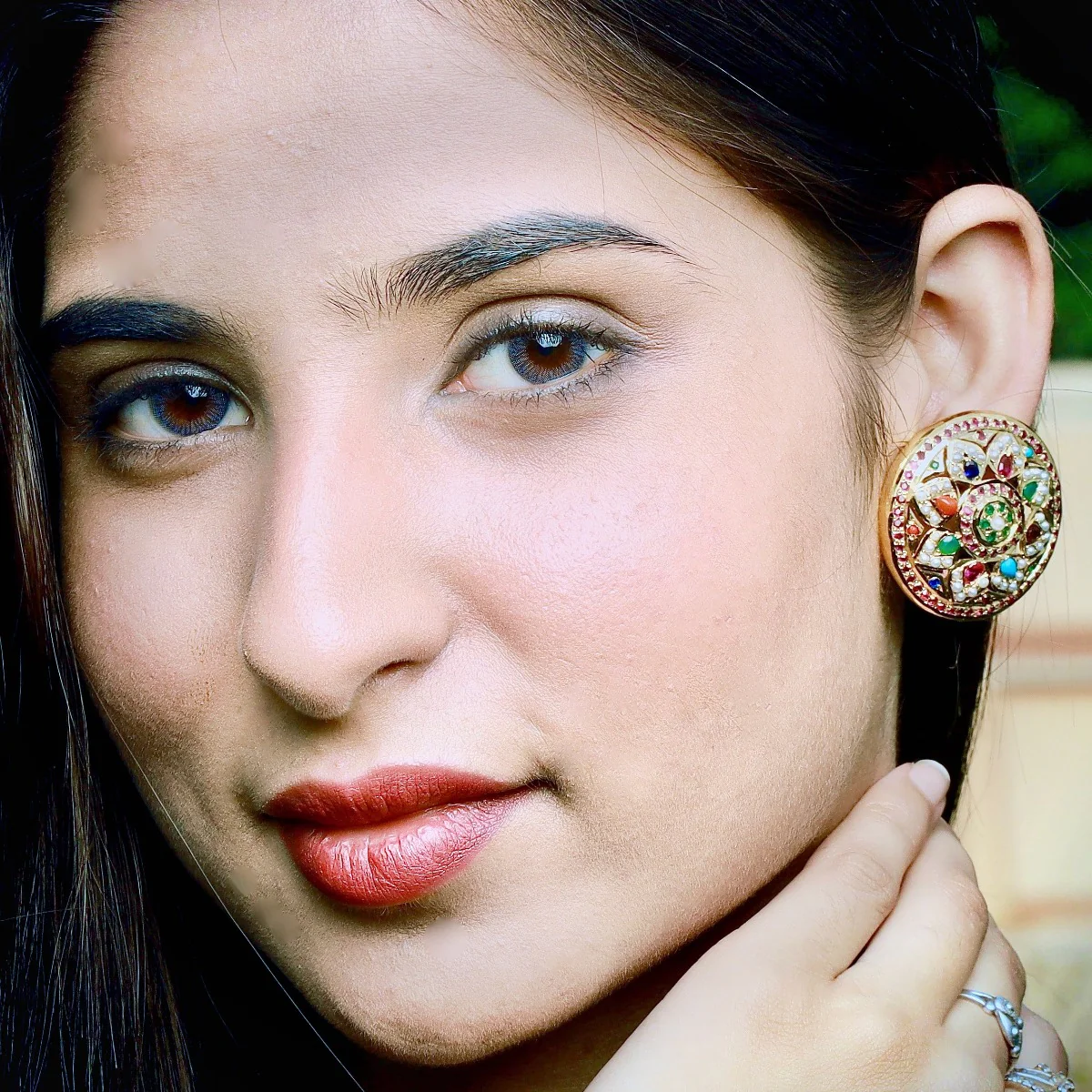 Gold Plated Navrattan Jadau Stud Earrings | Round Shape | Gold Plated Silver ER 064 - Image 7