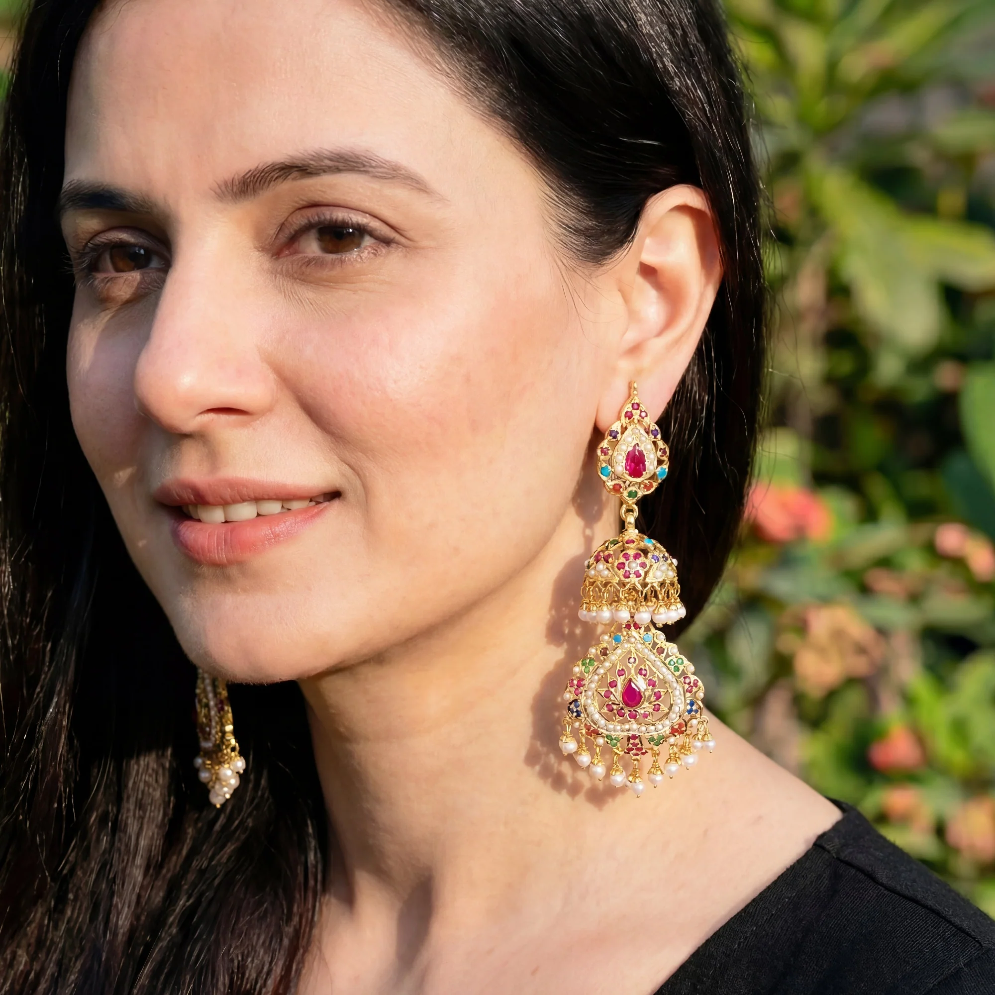 Long Navratna Jadau Jhumka Earrings | Gold Plated Silver ER 031 - Image 3