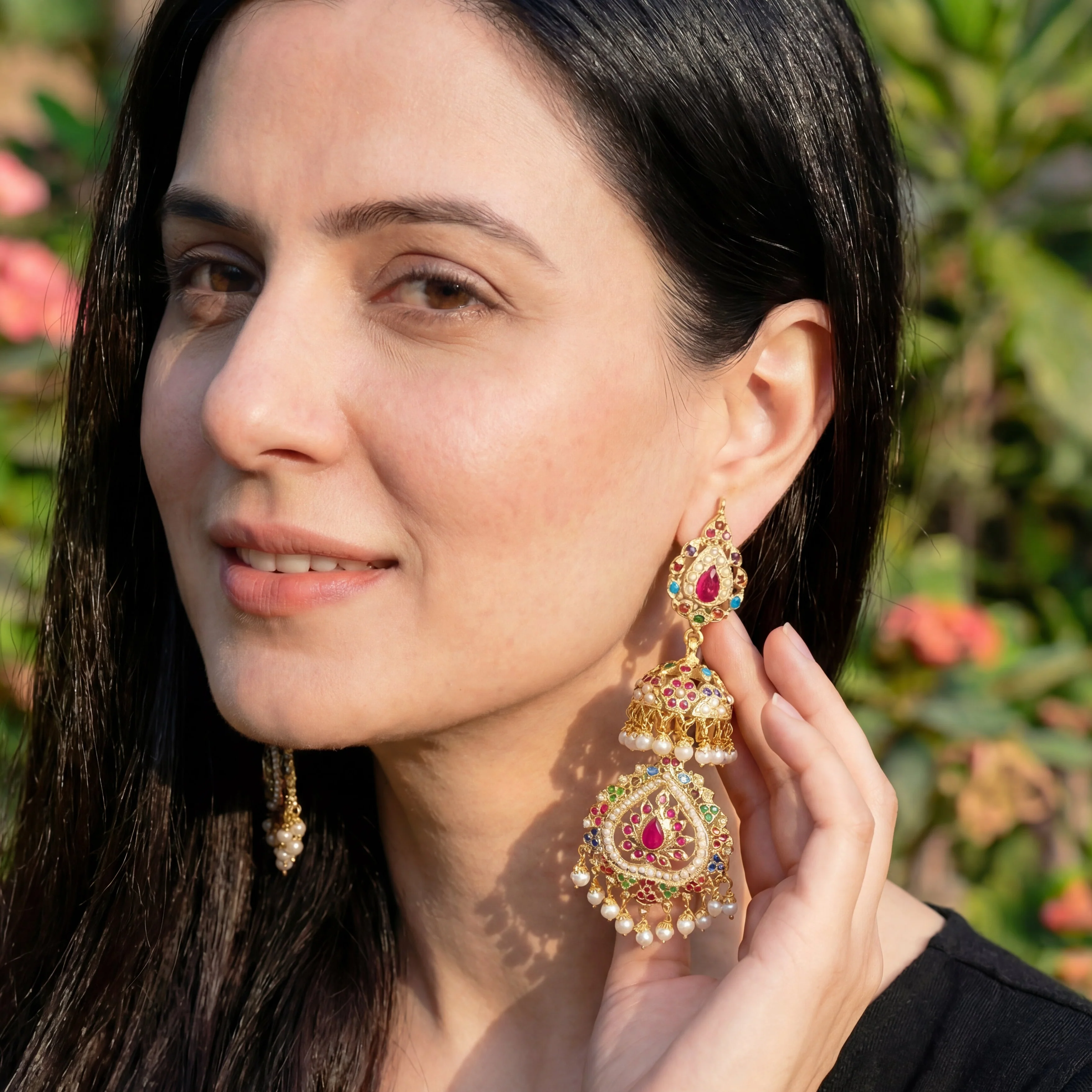 Long Navratna Jadau Jhumka Earrings | Gold Plated Silver ER 031 - Image 4